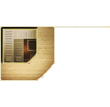 Vue de dessus d''un sauna en bois avec espace extérieur