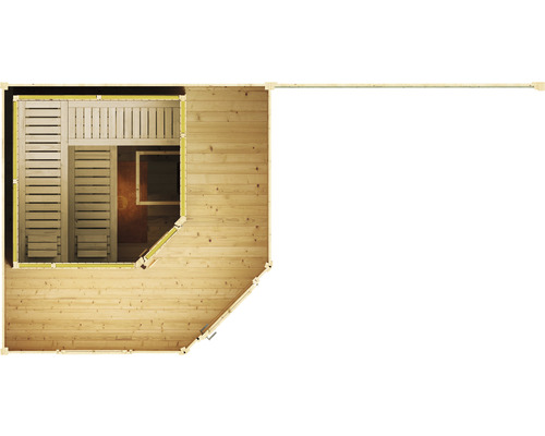 Vue de dessus d''un sauna en bois avec espace extérieur