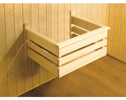 Banquette de sauna en bois pour montage mural dans une pièce avec lambris en bois