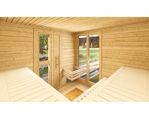 Intérieur de sauna en bois avec bancs, porte et fenêtre pour une expérience de sauna lumineuse et relaxante
