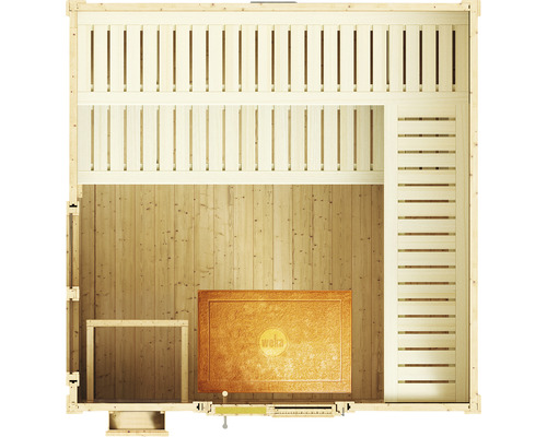 Vue de dessus d''un sauna en bois avec des bancs et un poêle
