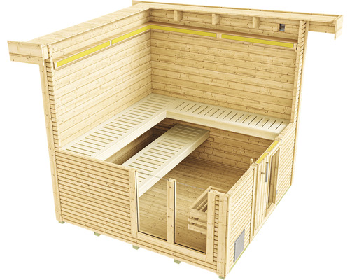 Sauna en bois avec bancs et radiateurs infrarouges