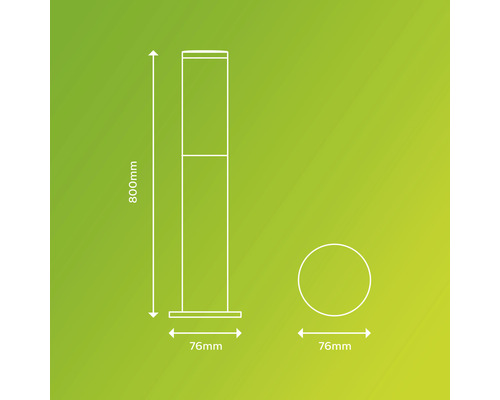 Dessin technique d''un luminaire de chemin avec des dimensions de 800 mm de hauteur et 76 mm de largeur.