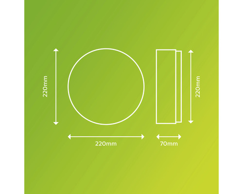 Technische Zeichnung einer Leuchte mit den Maßen 220 mm Durchmesser und 70 mm Tiefe.