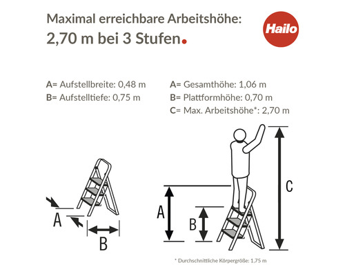 Illustration mit Maßangaben einer dreistufigen Leiter und Hailo Logo