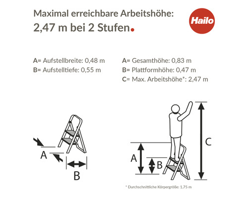 Technische Zeichnung einer Trittleiter mit Maßangaben und Hailo Logo