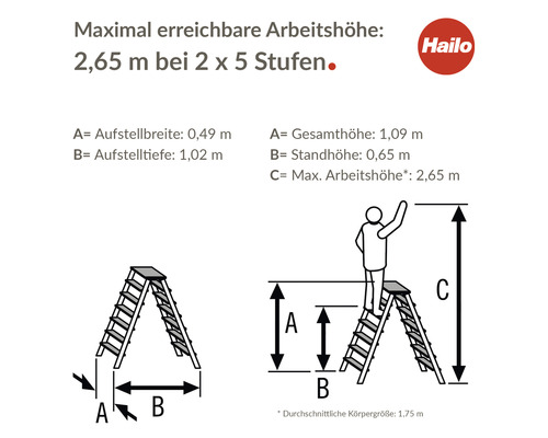 Diagramm einer Hailo Stufenleiter mit Maßangaben und Hailo Logo