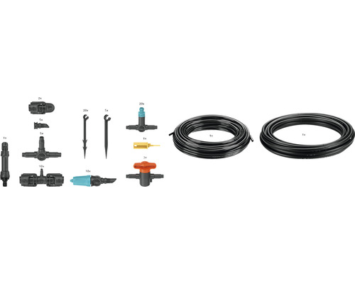 Gartenbewässerungssystem mit Schläuchen, Verbindungsstücken und Erdspießen für die Gartenbewässerung