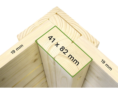 Construction en bois avec des dimensions de 41 x 82 millimètres et 19 millimètres