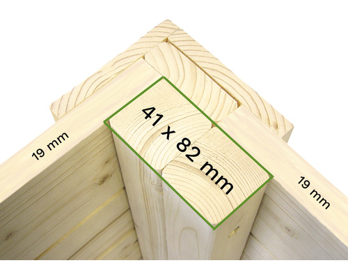 Detailansicht eines Holzrahmens mit den Maßen 41 x 82 Millimeter und 19 Millimeter
