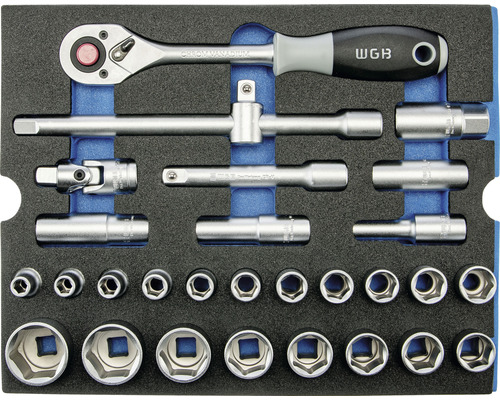 Jeu de douilles WGB avec cliquet, rallonges et douilles dans un insert en mousse