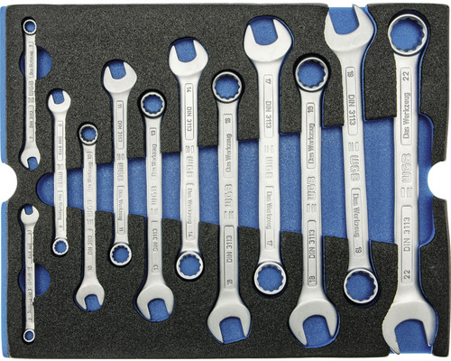 Jeu de clés à fourche de différentes tailles dans un insert en mousse noire