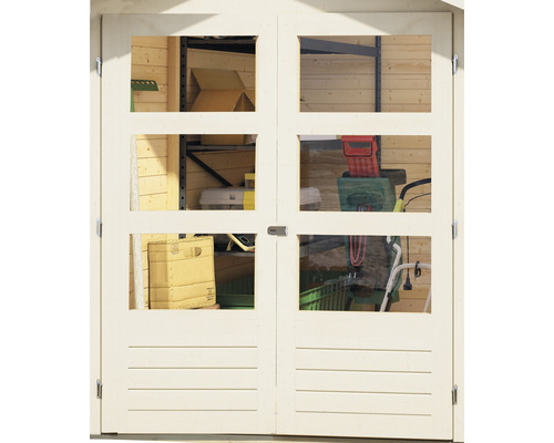 Porte de cabanon de jardin avec fenêtres et vue sur les étagères de stockage