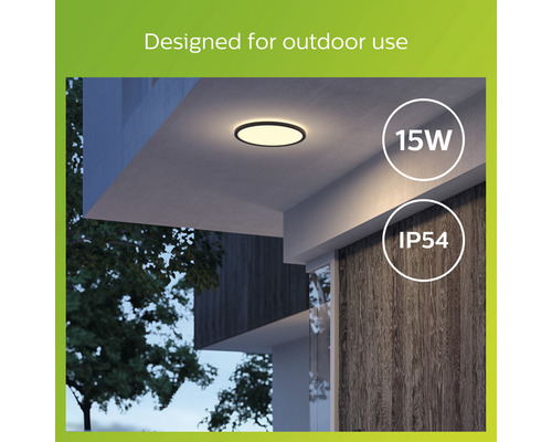 Eine runde Deckenleuchte mit 15 Watt und Schutzart IP54 für den Außenbereich.
