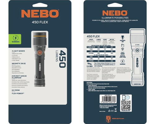 NEBO 450 Flex Taschenlampe mit verschiedenen Lichtmodi, magnetischer Basis, Flugzeugaluminium, 6-fach Zoom und Flex-Power Funktion in Verpackung