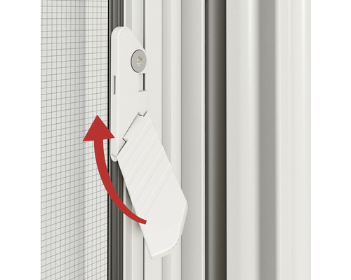 Porte moustiquaire avec fermeture rotative et flèche rouge indiquant le sens de rotation