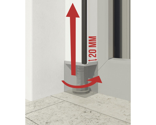 Illustration d''un réglage en hauteur avec des flèches indiquant la direction et l''amplitude de 20 millimètres.
