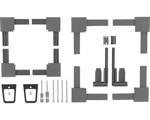Kit de montage pour un potager surélevé composé de connecteurs d''angle, de profilés, de vis et d''autres accessoires