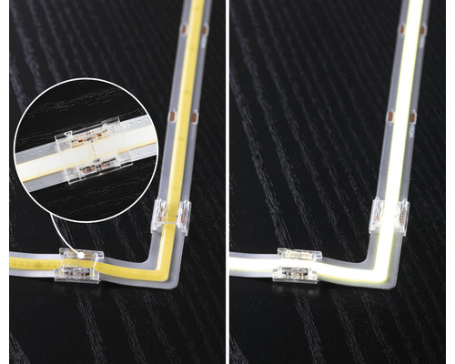 LED-Streifen mit Eckverbinder und Detailansicht