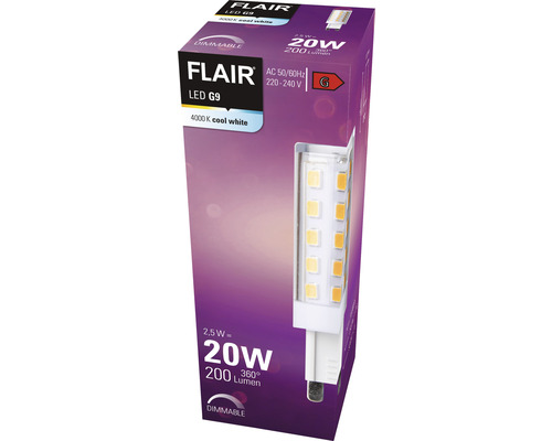 Verpackung einer dimmbaren Flair LED G9 Lampe mit 4000 Kelvin in der Lichtfarbe Cool White