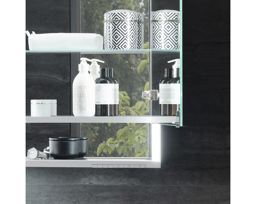 Badezimmer-Spiegelschrank mit Glasregalen und diversen Badartikeln