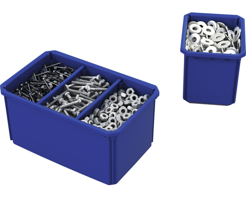 Boîte de tri bleue avec clous, vis, écrous et rondelles