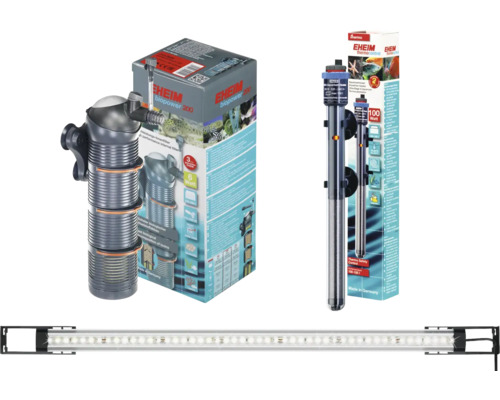 Accessoires pour aquarium : filtre intérieur, chauffage régulé et barre d''éclairage LED
