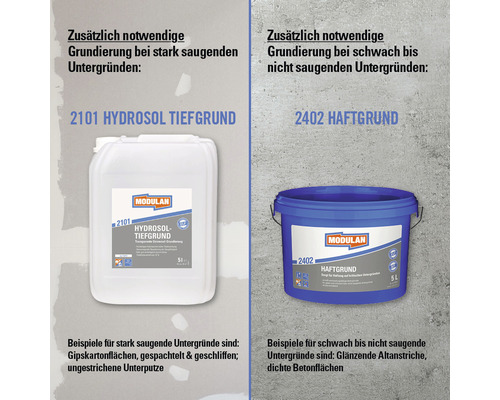 Zwei Behälter mit Modulan Grundierung für saugende und nicht saugende Untergründe.