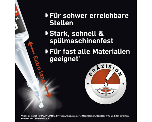 Darstellung eines Klebstoffs mit extra langer Spitze, geeignet für schwer erreichbare Stellen, stark, schnell und spülmaschinenfest, geeignet für fast alle Materialien.