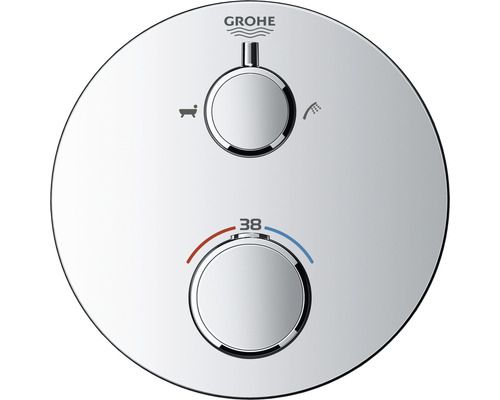 Logo Grohe sur un robinet de douche rond avec régulateur de température et fonction baignoire ou douche
