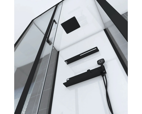 Intérieur d''une douche avec pomme de douche, étagère de douche et douche de plafond noires