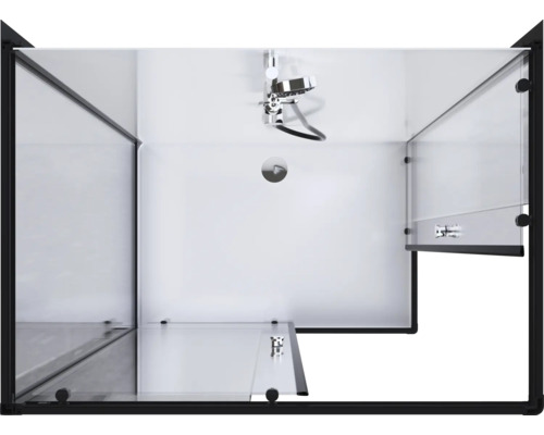 Vue de dessus d''une cabine de douche avec portes en verre et cadre noir, comprenant une pomme de douche et un robinet