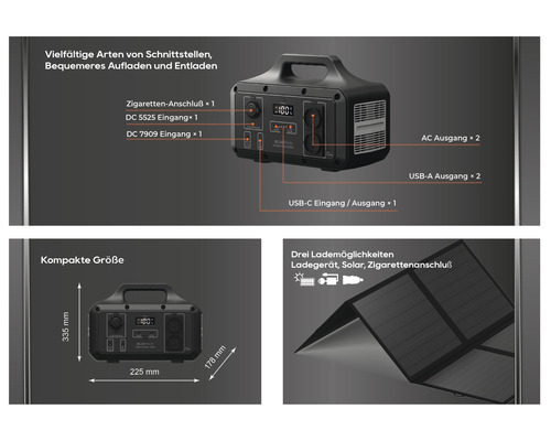 Bluetti Powerstation mit verschiedenen Anschlussarten und Lademöglichkeiten, kompakte Größe und Solarpanel.