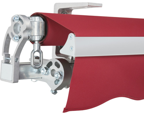 Vue détaillée d''un store banne avec des composants en aluminium et du tissu