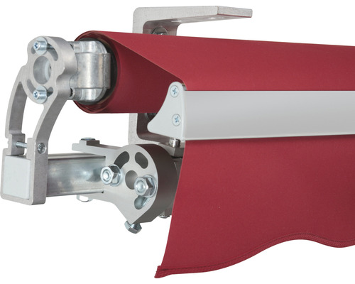 Detailansicht einer Markise mit rotem Stoff