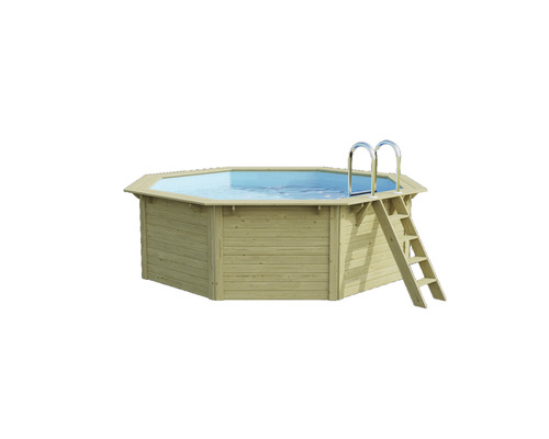 Kit de piscine hors sol en bois Karibu Nixe 1 octogonale Ø 432,5x121,1 cm avec groupe de filtration à sable, échelle suspendue et skimmer à ouverture large avec buse de retour