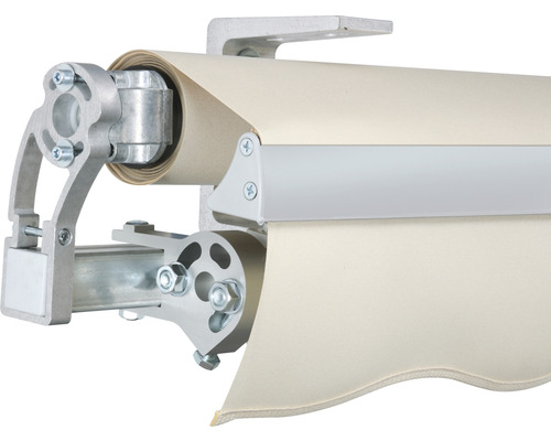 Detailansicht einer Gelenkarmmarkise mit Metallrahmen und Stoff