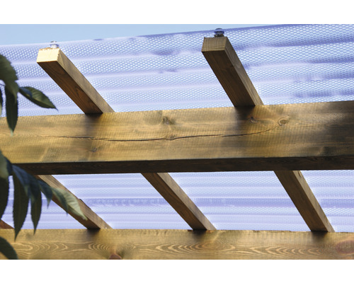 Holzkonstruktion mit Wellplattenüberdachung