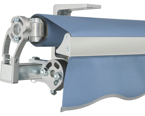 Vue détaillée d''un store banne avec structure métallique et tissu