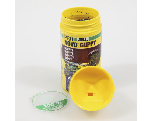 JBL Novo Guppy Fischfutter in gelber Dose mit geöffnetem Deckel