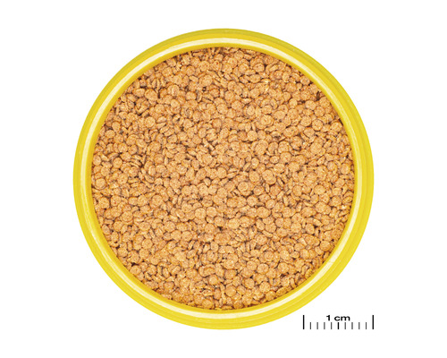 Fischnahrung in gelbem Behälter, Draufsicht