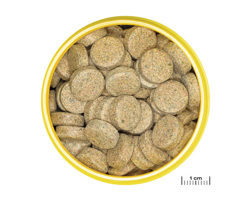 Fischnahrungstabletten in gelbem Behälter