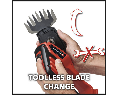 Einhell Logo. Abbildung zeigt werkzeuglosen Messerwechsel für eine Grasschere.