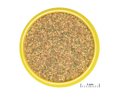 Fischnahrung in einer Dose mit gelbem Deckel, Nahaufnahme