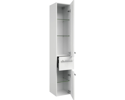 Offener, schmaler Badezimmerschrank mit Regalböden, Schublade und Türen