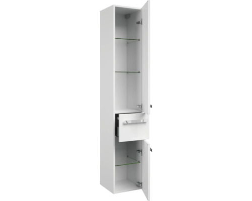 Offener weißer Bad-Hochschrank mit Schublade und Glasböden für Badezimmer