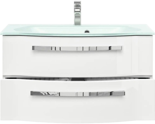 Waschtischunterschrank mit zwei Schubladen, Glaswaschbecken und Armatur
