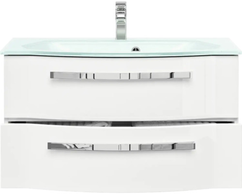 Waschtisch mit Glaswaschbecken, zwei Schubladen und Armatur