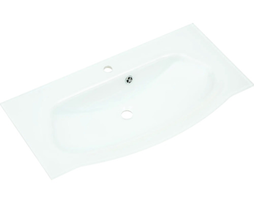 Waschtisch aus Glas mit Hahnlöchern und Ablaufgarnitur