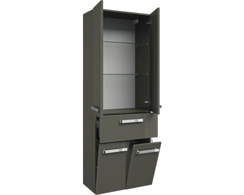 Grauer Badschrank mit offenen Türen, Schublade und Glasregalen